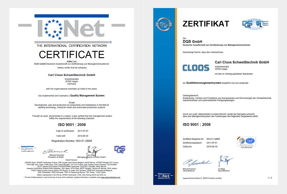 CLOOS Zertifikate